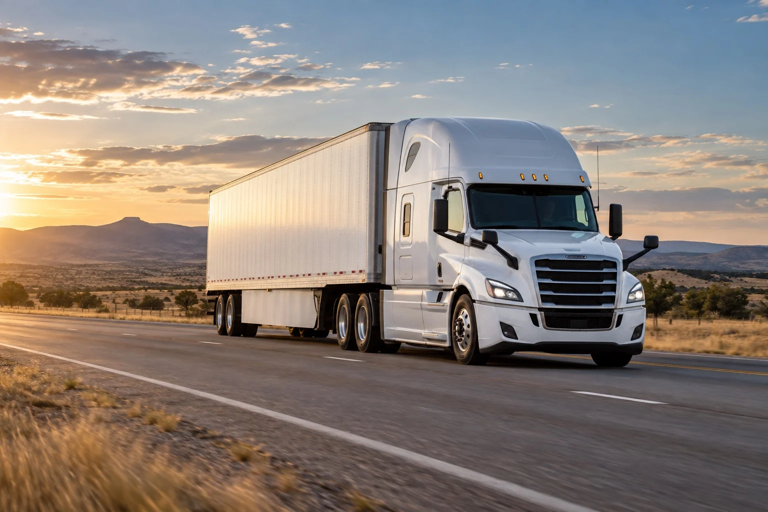 AI-generated illustration of a dry van semi-truck on a Texas highway